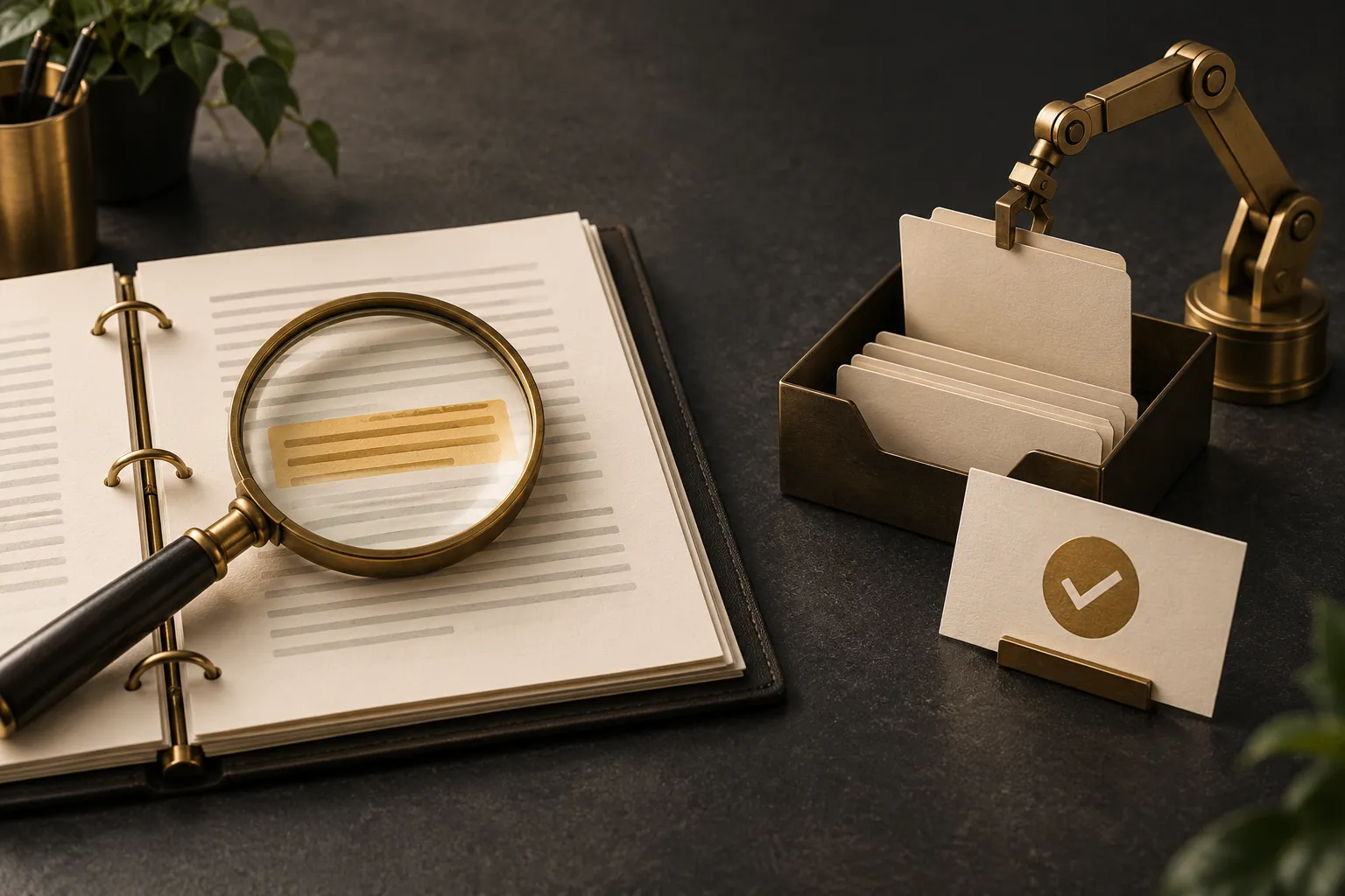 Une loupe sur un classeur ouvert, à côté d’un bras mécanique qui range des fiches devant une carte de validation.