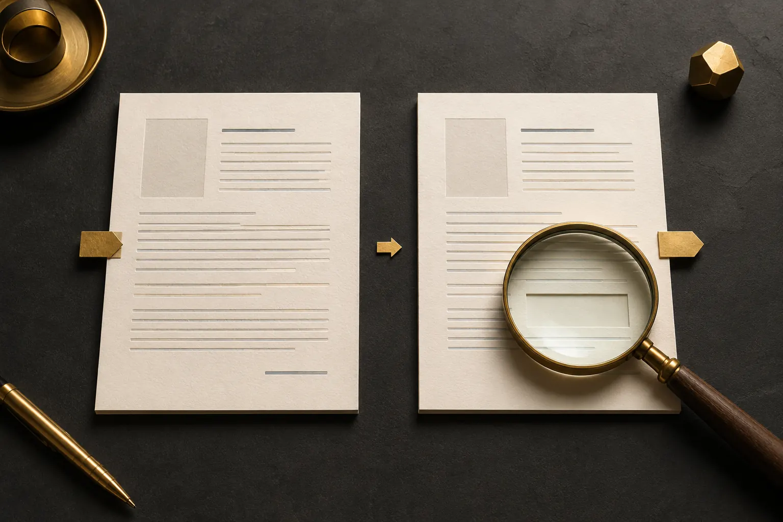 Deux documents sont comparés avec des repères pour détecter un élément manquant.